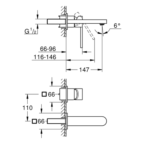 GROHE 2-L-WT-Wandbatterie Plus 29303_3 FMS Ausladung 147mm hard graphite geb.