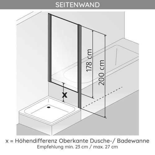 HSK Aperto Drehtür pendelbar an Nebenteil mit verkürzter Seitenwand 100 x 75 cm Edelglas (einfach) Grauglas schwarz matt Stangengriff 390 mm rechts