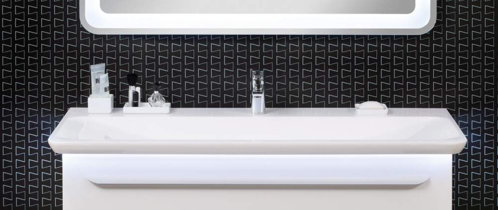 M9 Waschtischunterschrank,120/48/48,Weiß/Gra,2Schu Weiß & Grafit mit LED mit Bewegungsmelder