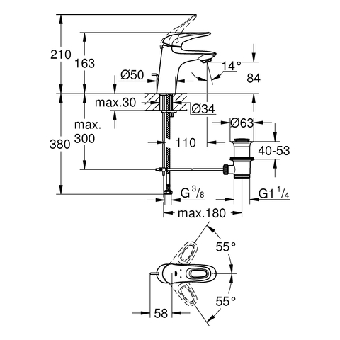 GROHE EH-WT-Batterie Eurostyle 23564_3 S-Size GROHE ZERO Zugst.-Abl.-grt. chrom