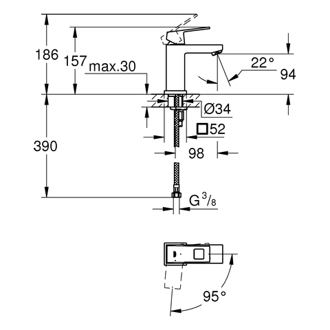 GROHE EH-WT-Batterie Eurocube 23392 Mittelstellung kalt glatter Körper chrom