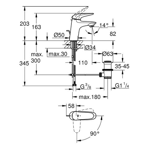 GROHE EH-WT-Batterie Eurostyle 23709_3 S-Size MST kalt Hebel g. moonwhite/chrom