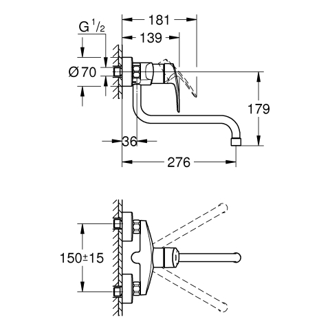 GROHE Einhand-SPT-Batterie Eurosmart 32224_3 Wandmontage Ausld. 277mm chrom