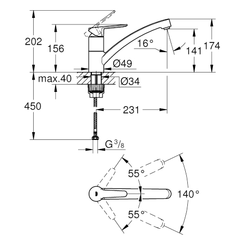 GROHE EH-Spültischbatterie BauEco 31680 flacher Auslauf GROHE ZERO chrom