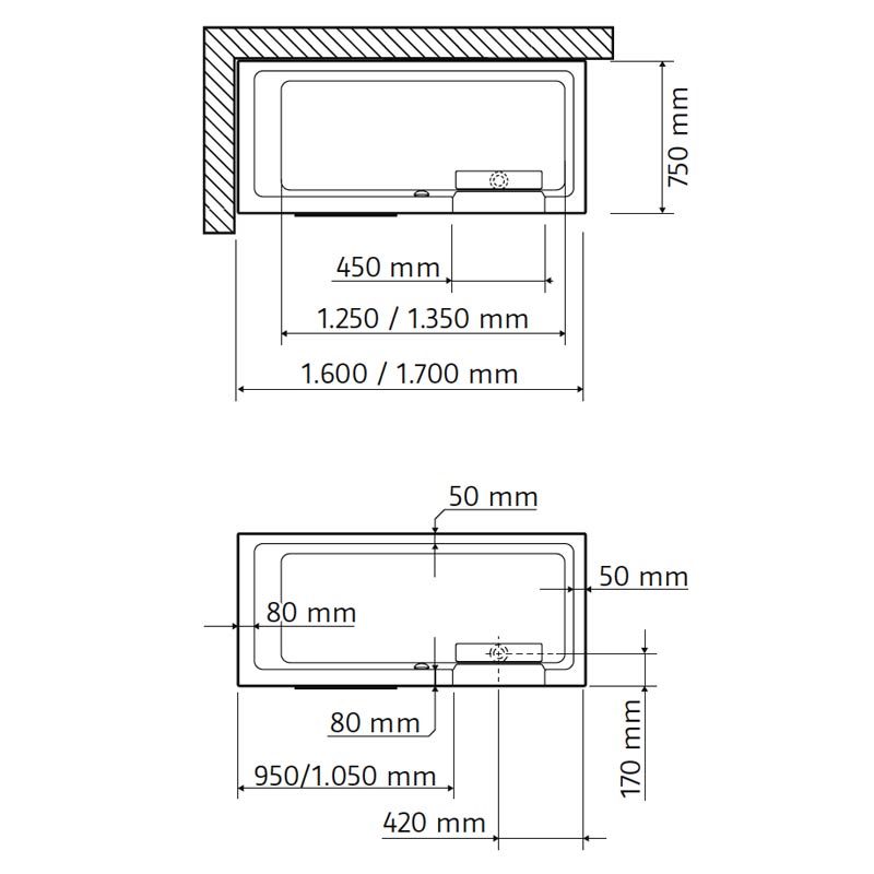HSK DuschWanne Dobla 1600mm x 750mm ohne Seitenschürze ohne Frontschürze ohne Wannenkissen Einstieg Links ohne Aquaprof