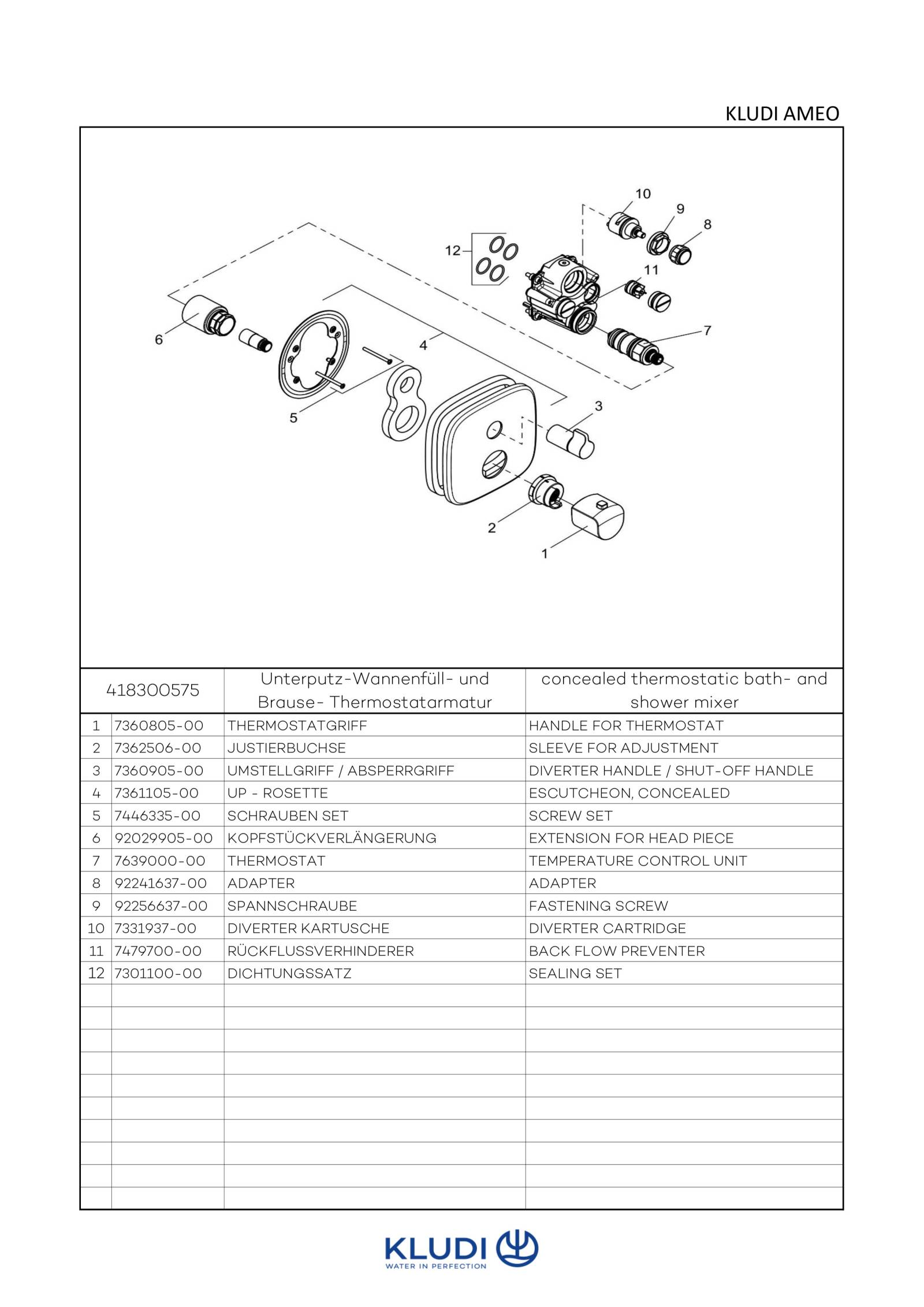 KLUDI AMEO Unterputz-Thermostatarmatur Feinbau-Set m.Absperr- und Umstellventil