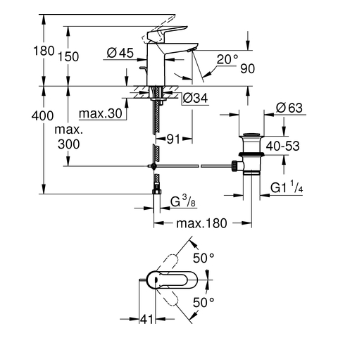 GROHE EH-WT-Batterie BauEdge 23356 DN15 Zugstangen-Ablaufgarnitur chrom