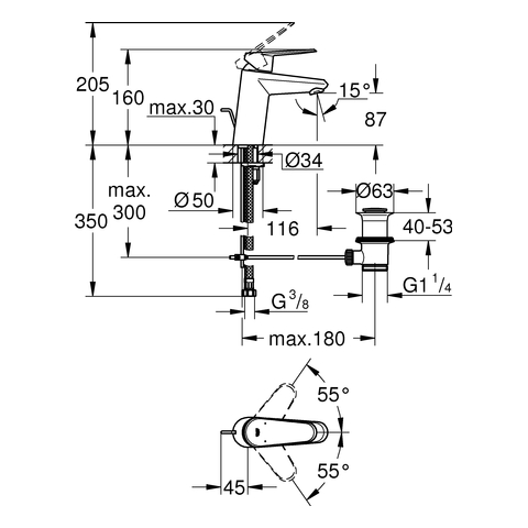 GROHE EH-WT-Batterie Eurodisc C 33190_2 Zugstangen-Ablaufgarnitur chrom