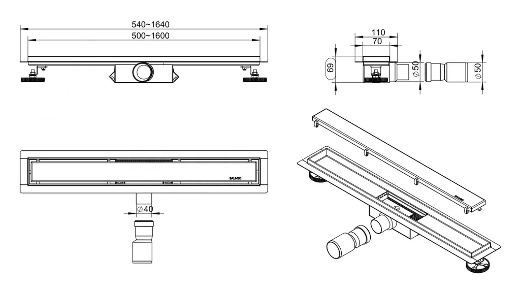 Duschrinne Duplex Next Copper Linearer Abfluss 60 cm doppelseitig aus Kupfer aus gebürstetem Edelstahl mit niedrigem Siphon und tiefem Absetzbecken