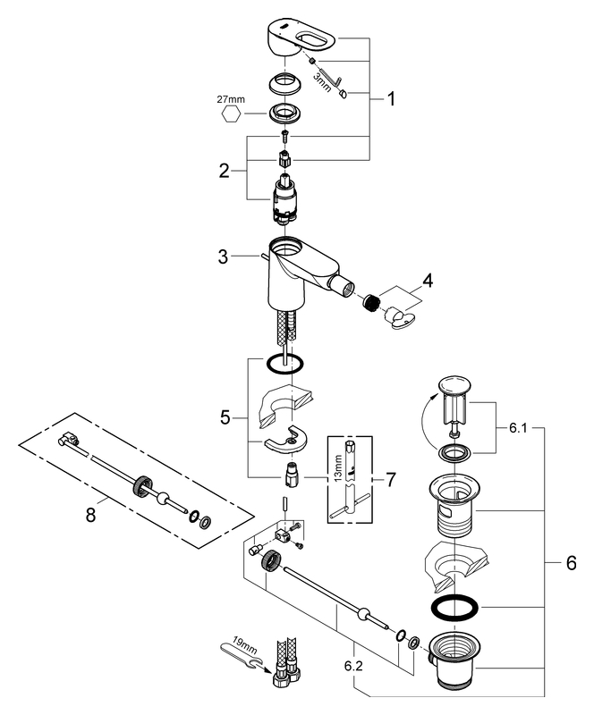 GROHE Einhand-Bidetbatterie BauLoop 23338 Einlochmontage chrom