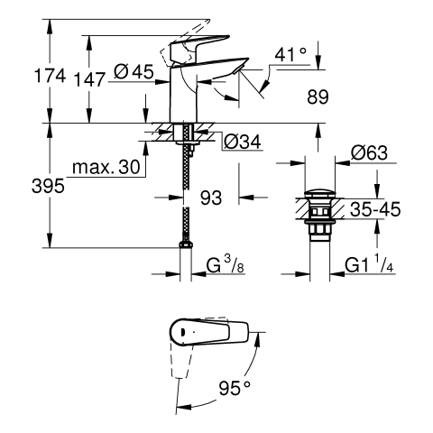 GROHE EH-WT-Batt. BauEdge 23899_1 S-Size MST kalt DF 3,5l/min PO-Ablaufgrt. chrom