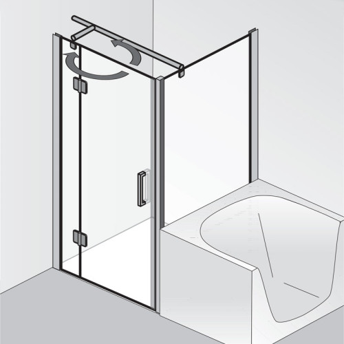 HSK Aperto Drehtür pendelbar an Nebenteil mit verkürzter Seitenwand 90 x 90 cm ohne Beschichtung Klar hell chromoptik Stangengriff 390 mm rechts