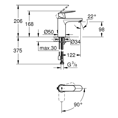 GROHE EH-WT-Batterie Eurosmart C 23397 mittelh. Kette Mittelstellung kalt chrom